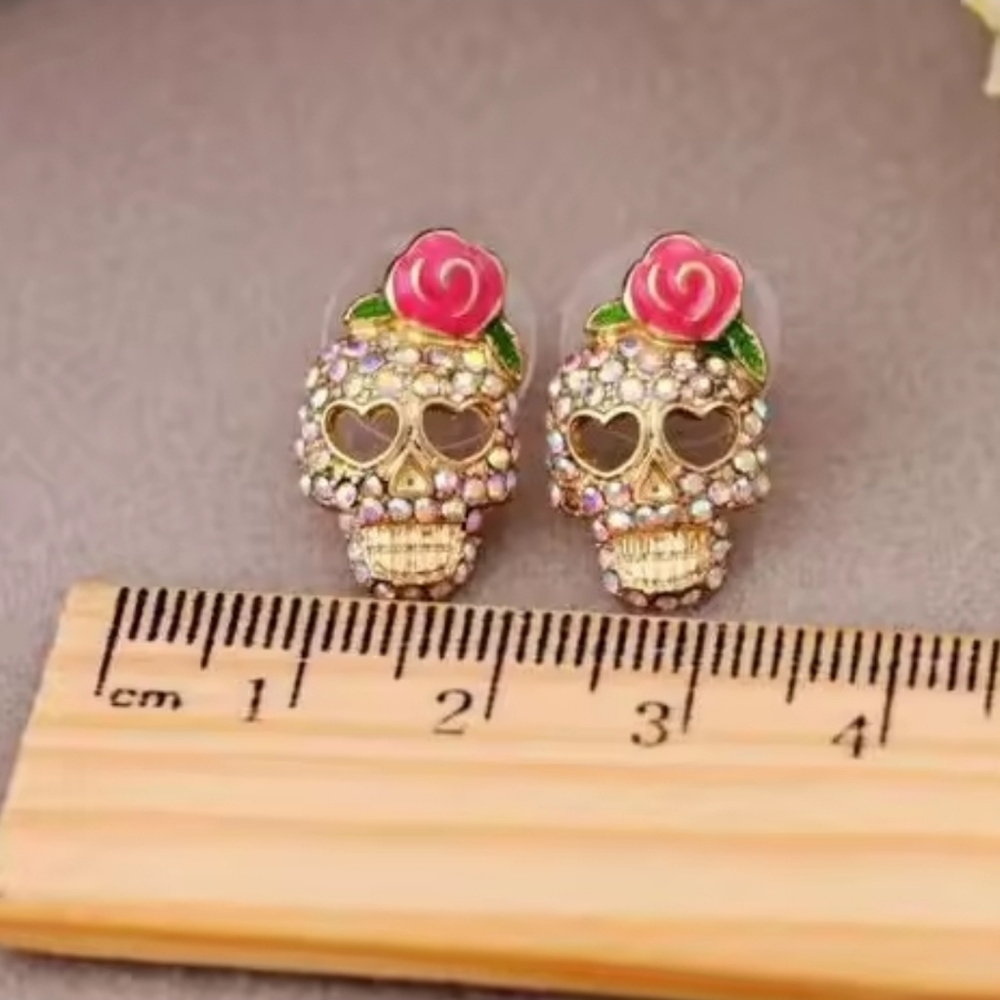 Gold and Pink Skull Earrings - Picture 4 of 7